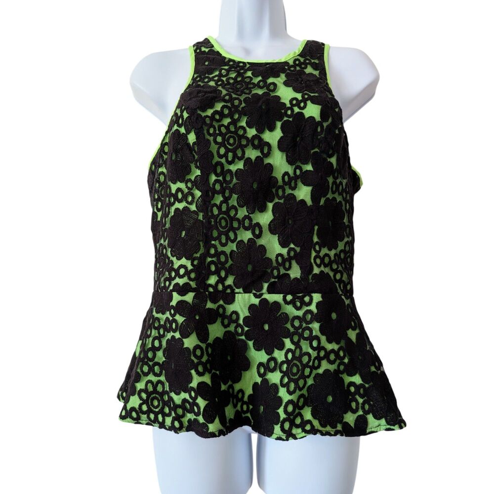 2b Bebe Neon Green Black Floral Lace Peplum Top Sleeveless M Zip Back